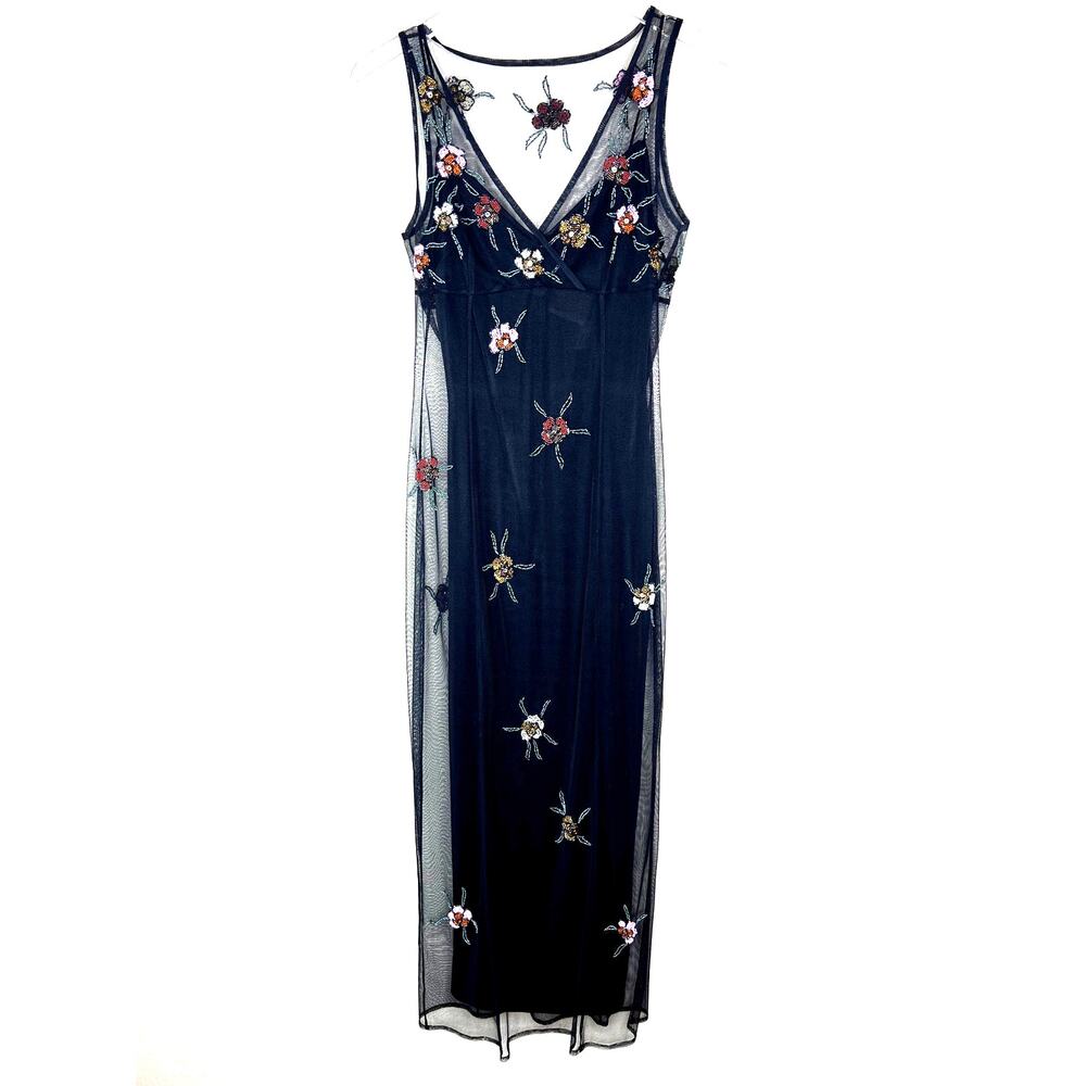 Vintage Cache Beaded Flower Sheer Mesh Maxi Dress Gown Sleeveless Black XS